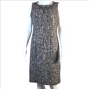 Talbots Wool Blend Black Brown Cream Tweed Sleeveless Fringe Collar Sheath Dress